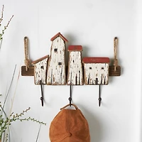 Cream Wood Handmade Distressed House 3 Hanger Wall Hook with Red Roof Accents and Hanging Rope