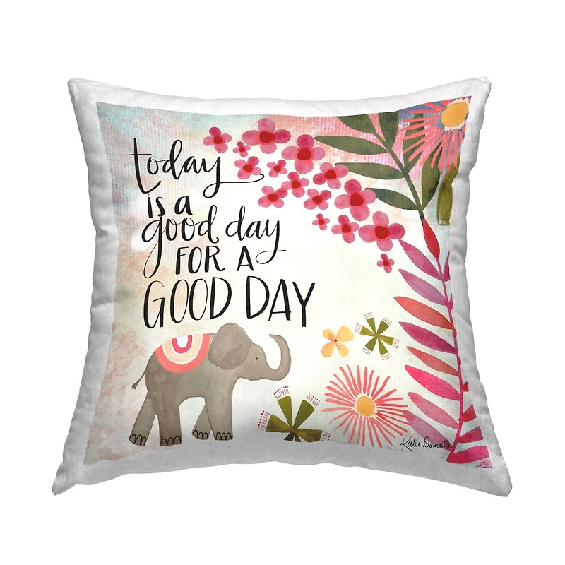 Stupell Industries Good Day Floral Blossom Pattern Elephant Throw Pillow, 18" x 18"
