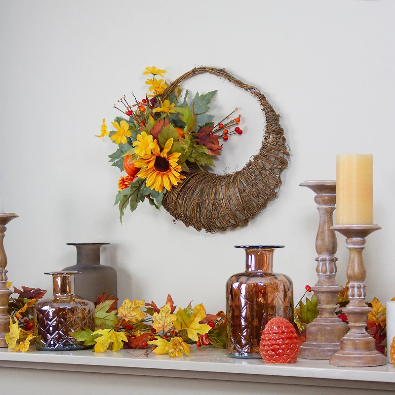20" Cornucopia with Sunflower & Pumpkins Wreath
