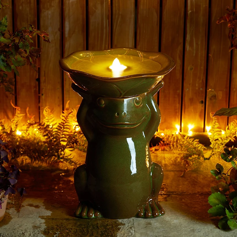 Glitzhome® 21.5" LED Olive Green Frog Holding Lotus Birdbath Ceramic Outdoor Floor Fountain