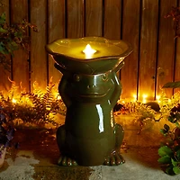 Glitzhome® 21.5" LED Olive Green Frog Holding Lotus Birdbath Ceramic Outdoor Floor Fountain