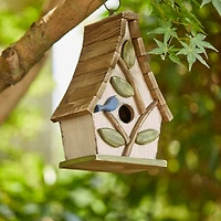 Glitzhome® 9.5" White Distressed Wood Birdhouse with Leaves