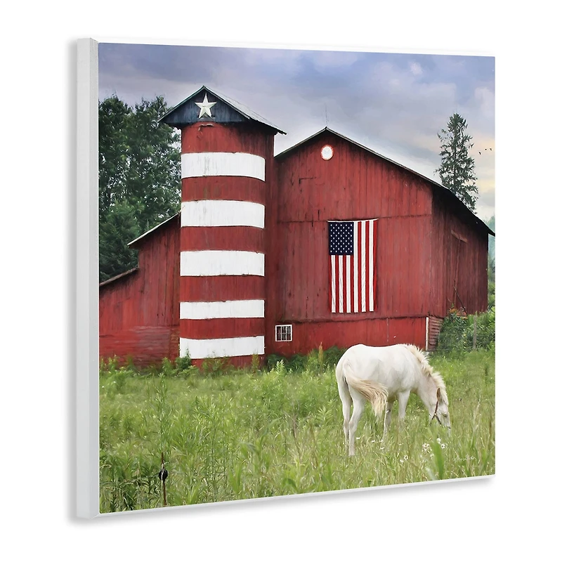 Stupell Industries Grazing White Horse Red Americana Barn Flag Wall Plaque Art