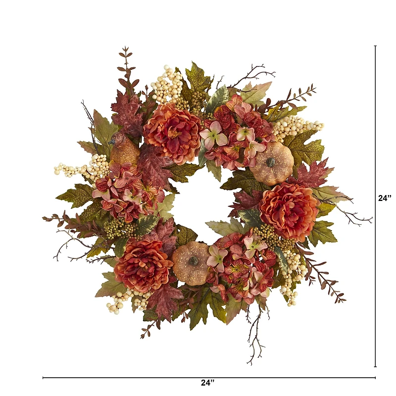 24" Peony, Hydrangea & Pumpkin Fall Wreath