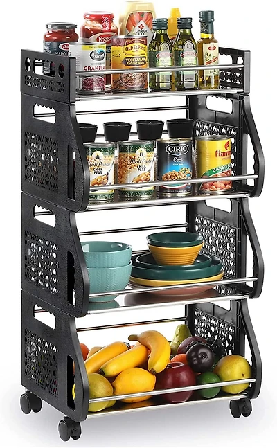 Black 4-Tier Rolling Stackable Fruit Basket Utility Cart