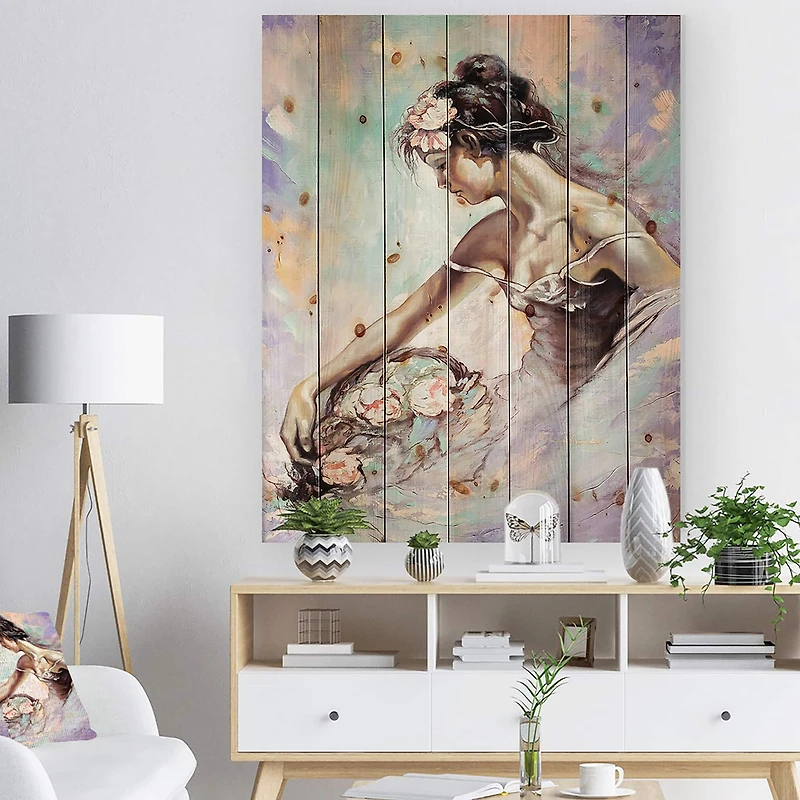 Designart - Girl with Flower Bouquet - Floral Art Print on Natural Pine Wood