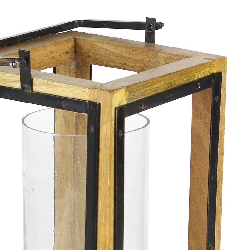Natural Brown Mango Wood Traditional Candle Holder Lantern, 22" x 8" x 8"