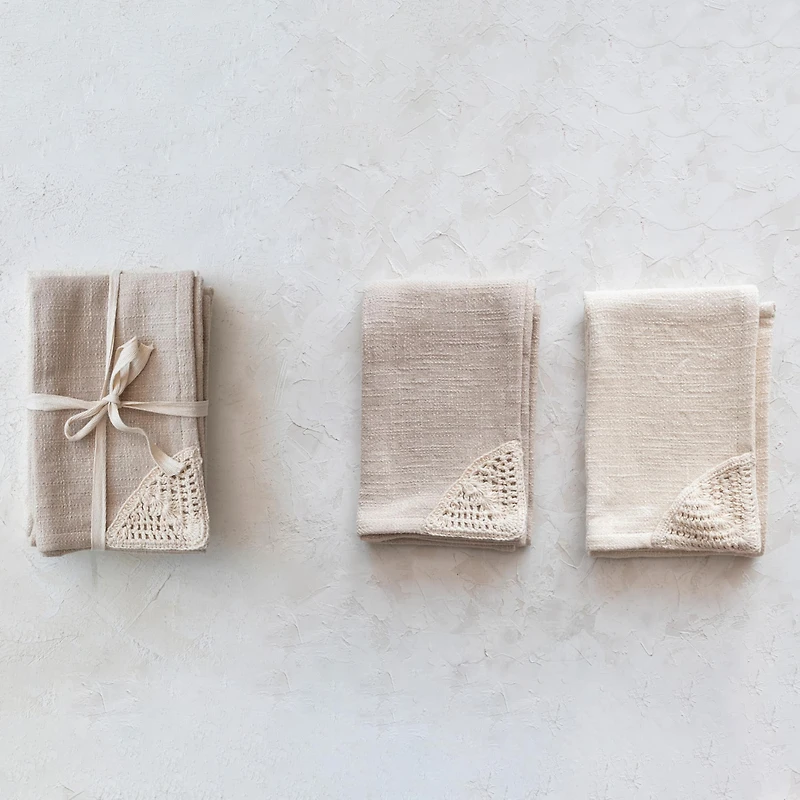 Hello Honey® Natural & Beige Cotton Tea Towels with Woven Macramé Corners, 2ct.