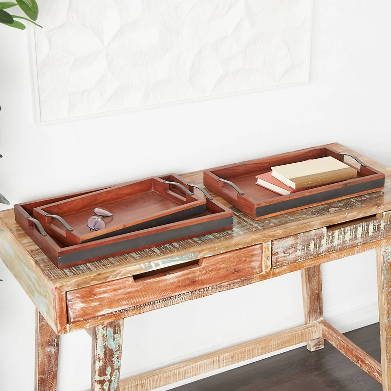 Brown & Black Wooden Nesting Tray with Metal Handles Set