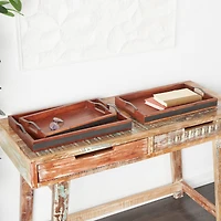 Brown & Black Wooden Nesting Tray with Metal Handles Set
