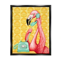 Stupell Industries Flamingo Calling Dial Telephone Groovy Flowers Framed Floater Canvas Wall Art