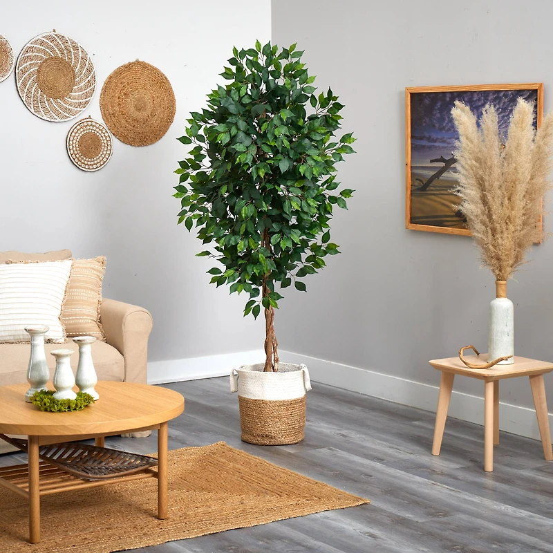 6ft. Ficus Artificial Tree with Natural Trunk in Handmade Natural Jute and Cotton Planter