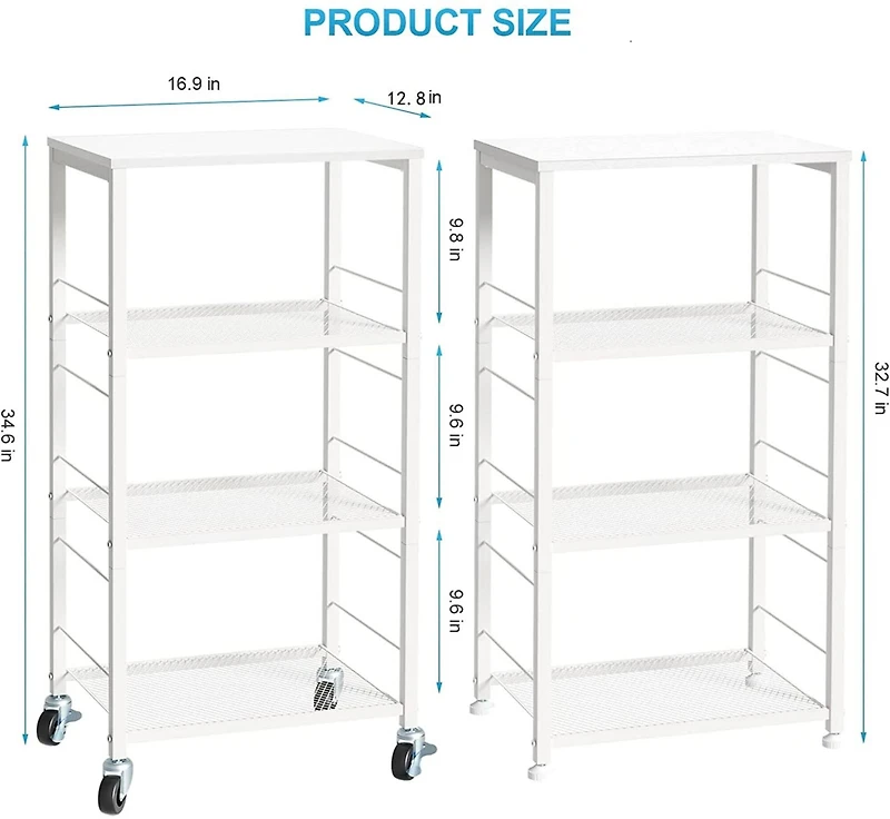 White Kitchen Storage 4-Tier Rolling Utility Cart