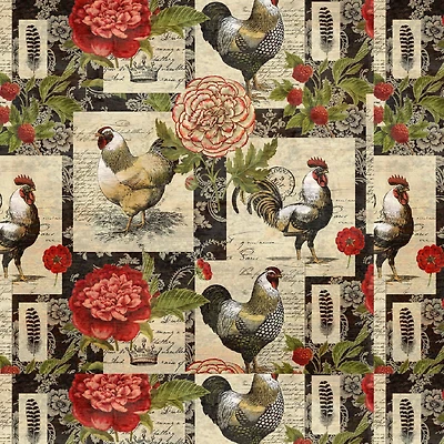 Springs Creative French Rooster Multicolored Floral Patch Cotton Fabric