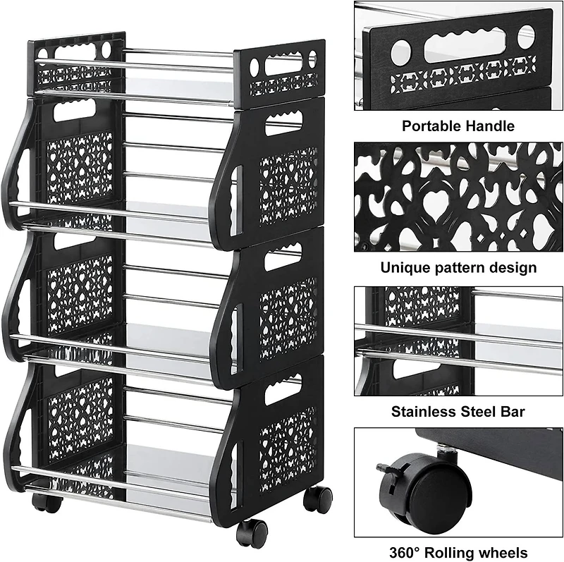 Black 4-Tier Rolling Stackable Fruit Basket Utility Cart