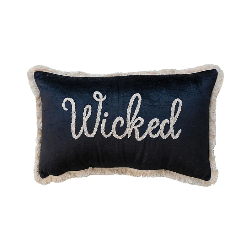 Hello Honey® 24" x 14" Black & Cream Wicked Cotton Velvet Lumbar Pillow with Embroidery & Fringe