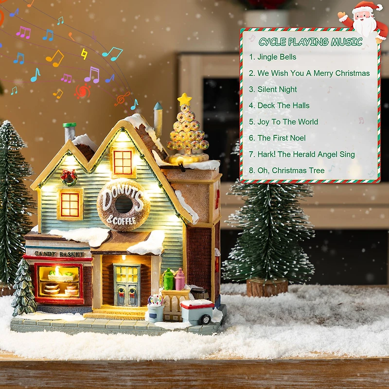 Glitzhome® 10.25" Lighted Christmas Donuts & Coffee Shop Resin Village with Movement and Music