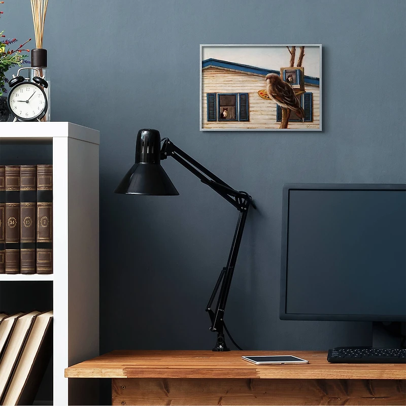 Stupell Industries Bird Paints Indoor Cat Gray Framed Wall Art