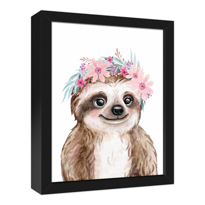 Sloth With Flowers 12.73" x 15.73" Black Framed Canvas