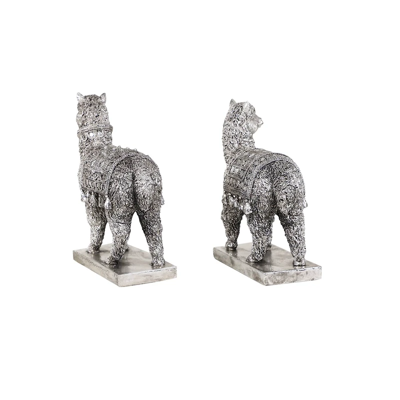 Set of 2 Silver Resin Eclectic Llama Sculpture, 10", 9"