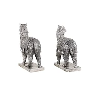 Set of 2 Silver Resin Eclectic Llama Sculpture, 10", 9"