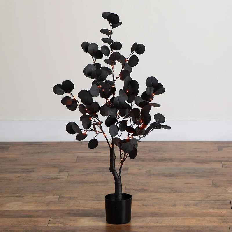 3ft. Pre-Lit Artificial Halloween Black Eucalyptus Tree with 80 Orange & Purple LED Lights
