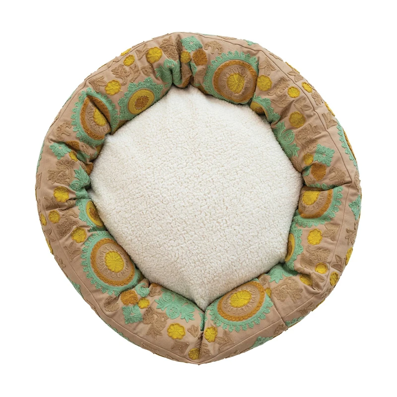 Hello Honey® 24" Taupe, Green & Mint Round Floral Cotton & Sherpa Pet Bed