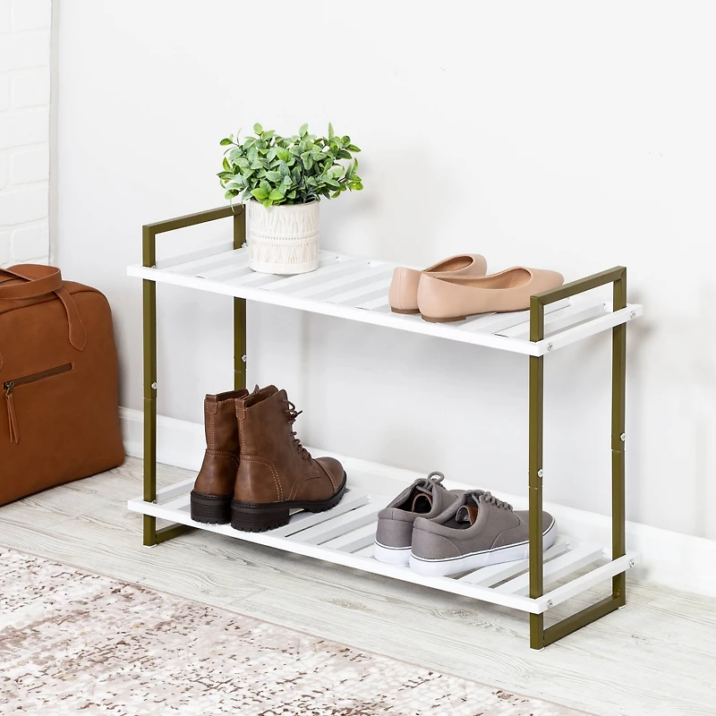 Honey Can Do Olive & White 2-Tier Tubular Shoe Rack