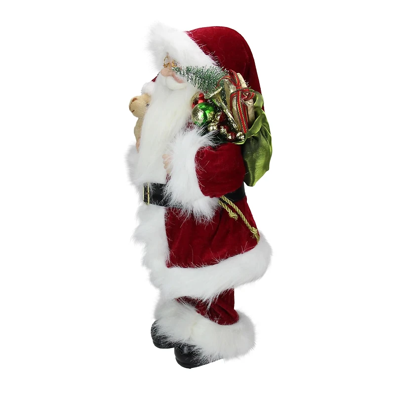 16" Traditional Standing Santa Claus with Teddy Bear & Gift Bag