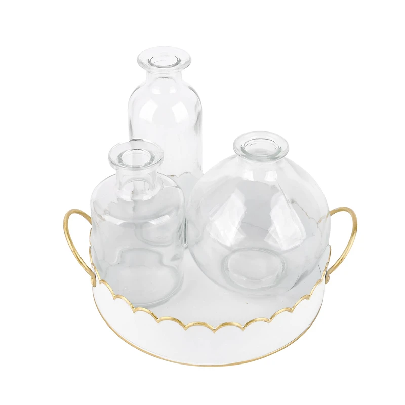 White & Gold Scalloped Metal Tray with 3 Glass Vases by Ashland®