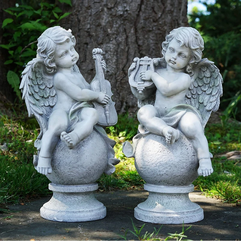 14.75" Ivory Cherub Angels With Violin & Harp Sitting On Finials Outdoor Garden Statues Set
