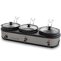 MegaChef Brushed Silver & Black Finish Triple 2.5qt. Slow Cooker & Buffet Server With 3 Ceramic Cooking Pots & Removable Lid Rests