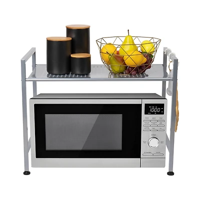 Mind Reader Silver Metal Rack Utility Shelf and Microwave Stand with Two Hooks