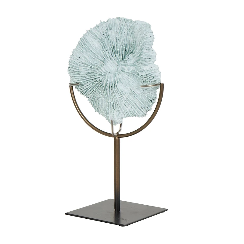12" Light Blue Polystone Coral Textured Sculpture with Bronze Stand
