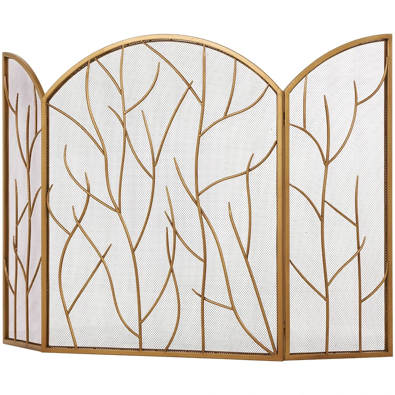 Gold Metal Tree Arched 3-Panel Fireplace Screen