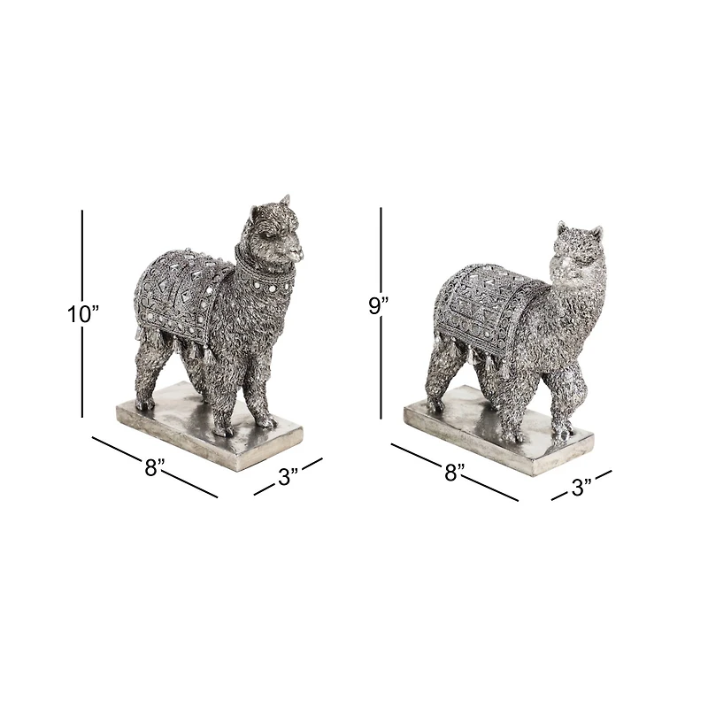 Set of 2 Silver Resin Eclectic Llama Sculpture, 10", 9"
