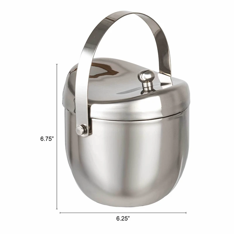 Hello Honey 1-Quart Stainless Steel Double-Wall Ice Bucket with Handle and Curved Lid, Brushed Nickel Finish