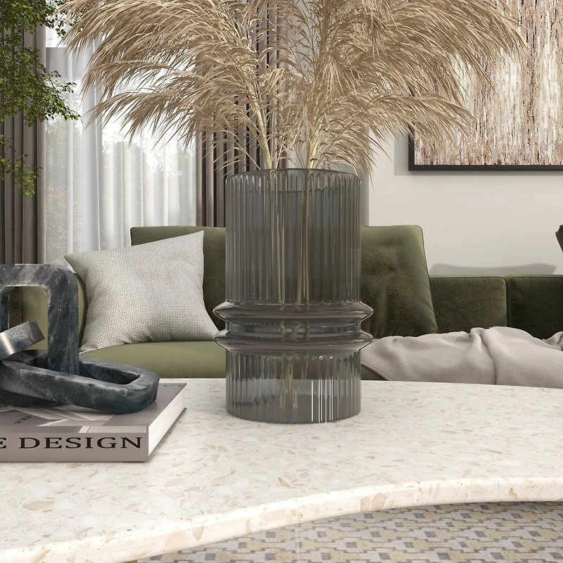 12" Gray Glass Wide Ribbed Vase with Fluted Center