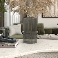 12" Gray Glass Wide Ribbed Vase with Fluted Center