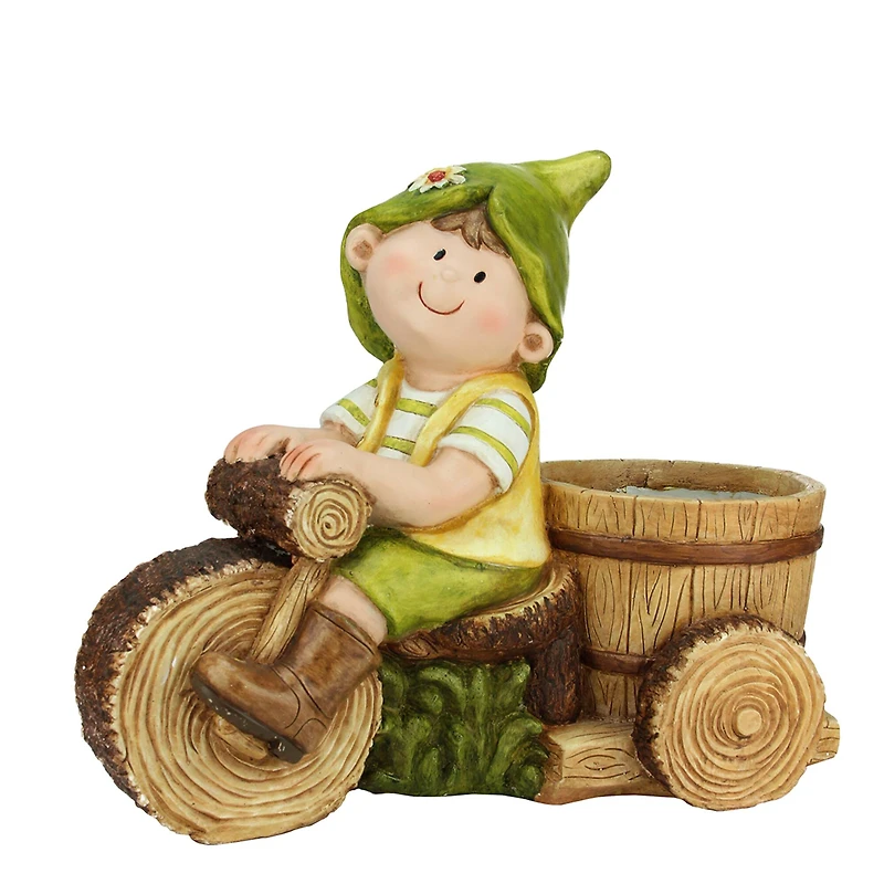 16" Young Boy Gnome Riding Bicycle with Flower Pot Garden Patio Planter