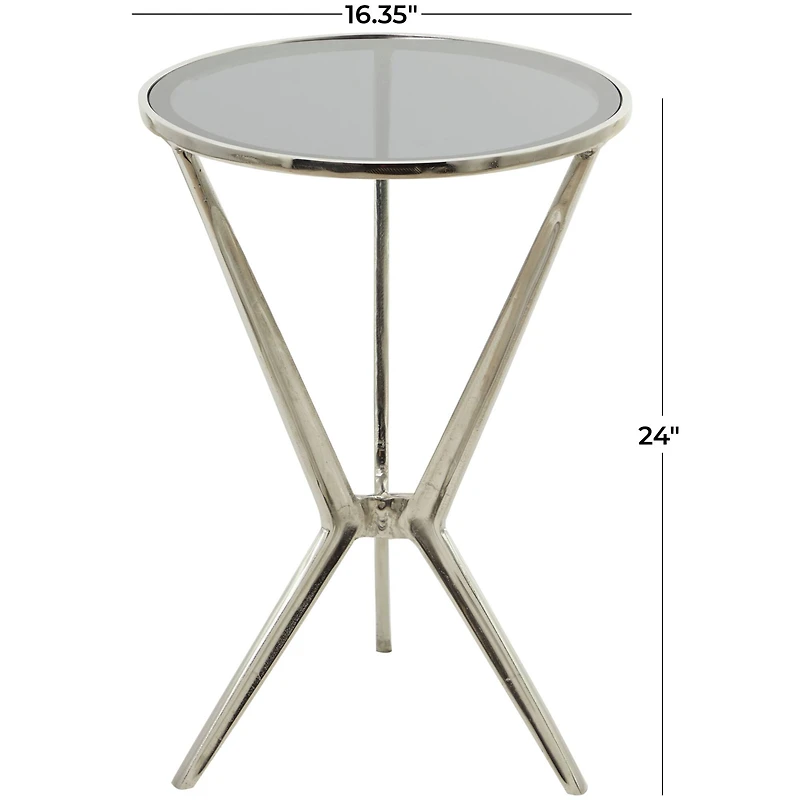 Silver Aluminum Hourglass Shaped Stand Accent Table with Clear Glass Top 16" x 16" x 24"