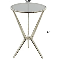 Silver Aluminum Hourglass Shaped Stand Accent Table with Clear Glass Top 16" x 16" x 24"
