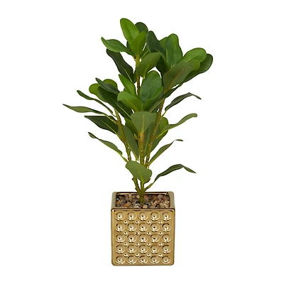 15" Glam Style Evergreen Artificial Foliage in Gold Porcelain Pot