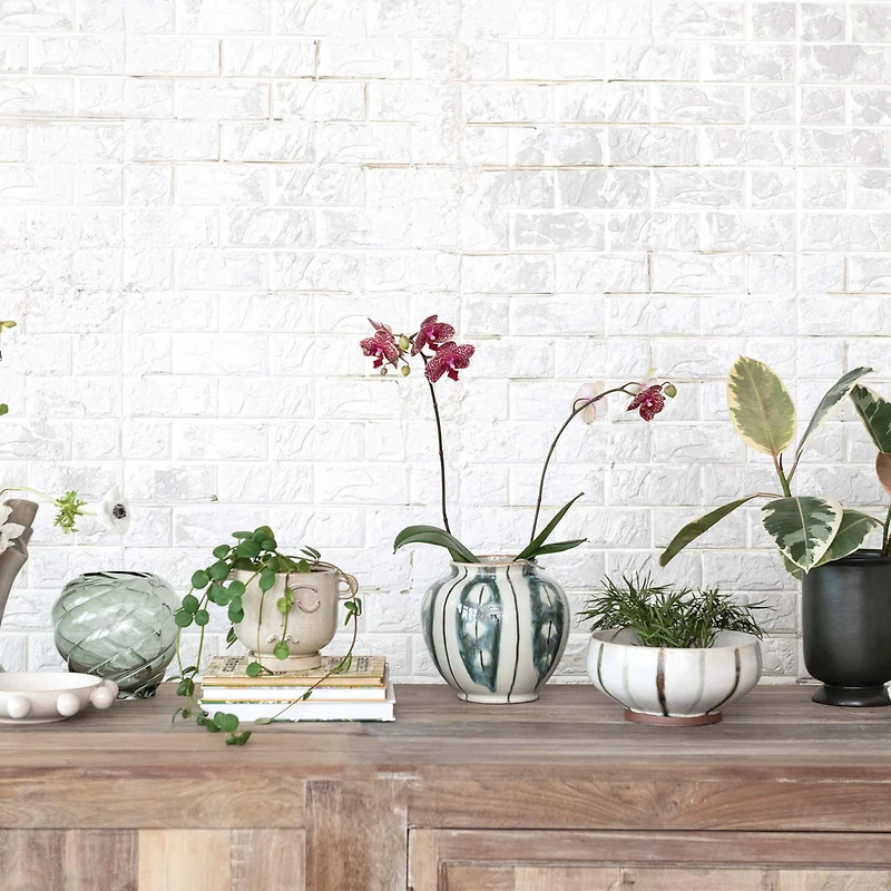 Hello Honey® 10" Cream & Green Reactive Glaze Stripes Hand-Painted Stoneware Bowl