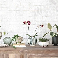 Hello Honey® 10" Cream & Green Reactive Glaze Stripes Hand-Painted Stoneware Bowl