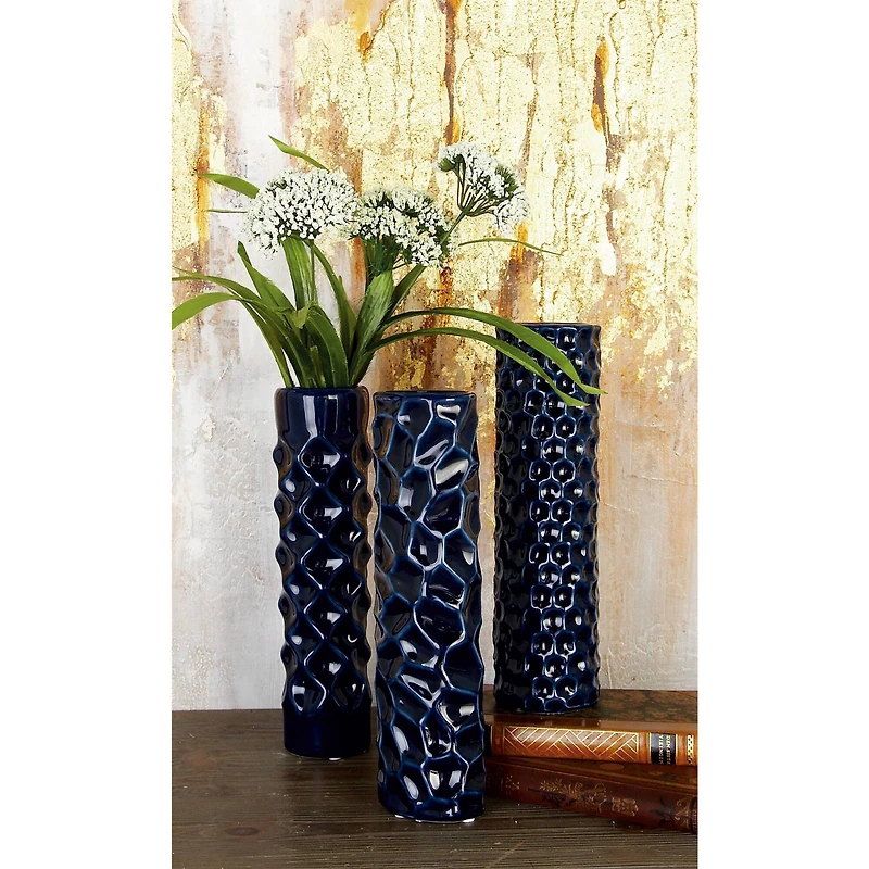 12" Dark Blue Stoneware Contemporary Vase Set