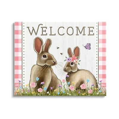 Stupell Industries Welcome Plaid Spring Garden Rabbits Canvas Wall Art