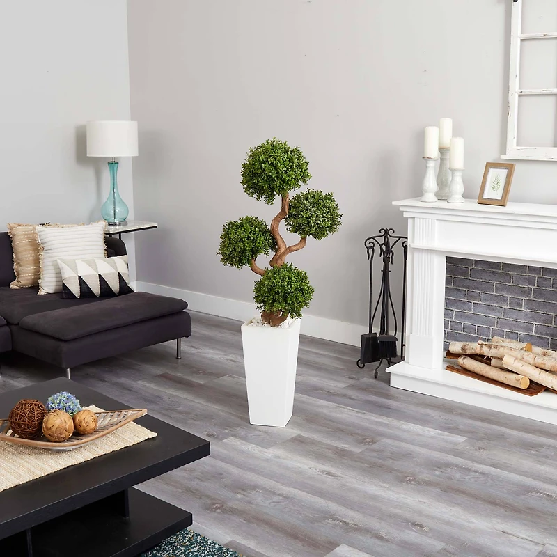 4.5ft. Four Ball Boxwood Topiary Tree in Tall White Planter