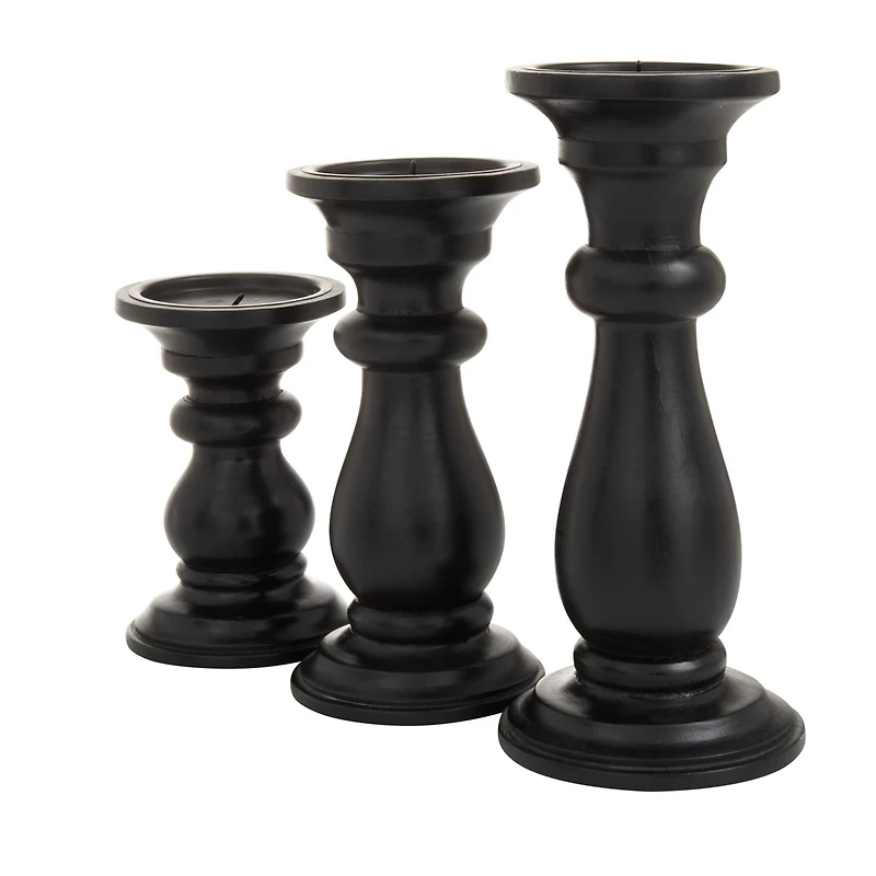 Set of 3 Black Mango Wood Traditional Candle Holders