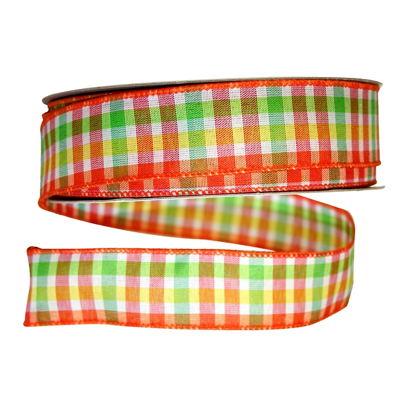 JAM Paper 1.5" x 50yd. Orange & Green Plaid Wired Ribbon